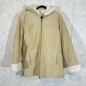 St Johns Bay Hooded Suede Leather Fur Lined Winter Coat Women's Sz M Heavy Chic